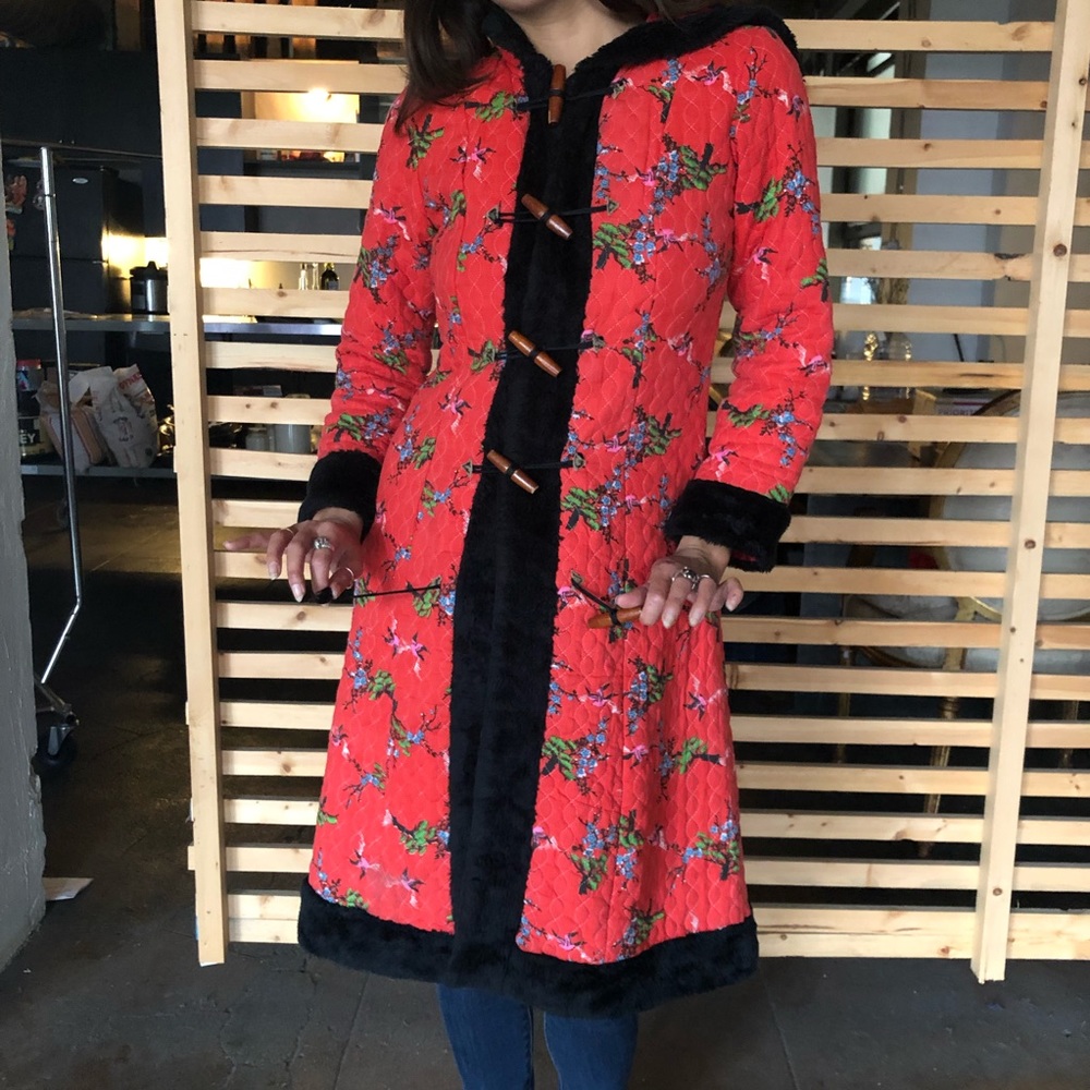 Vintage Red Floral Coat Hooded